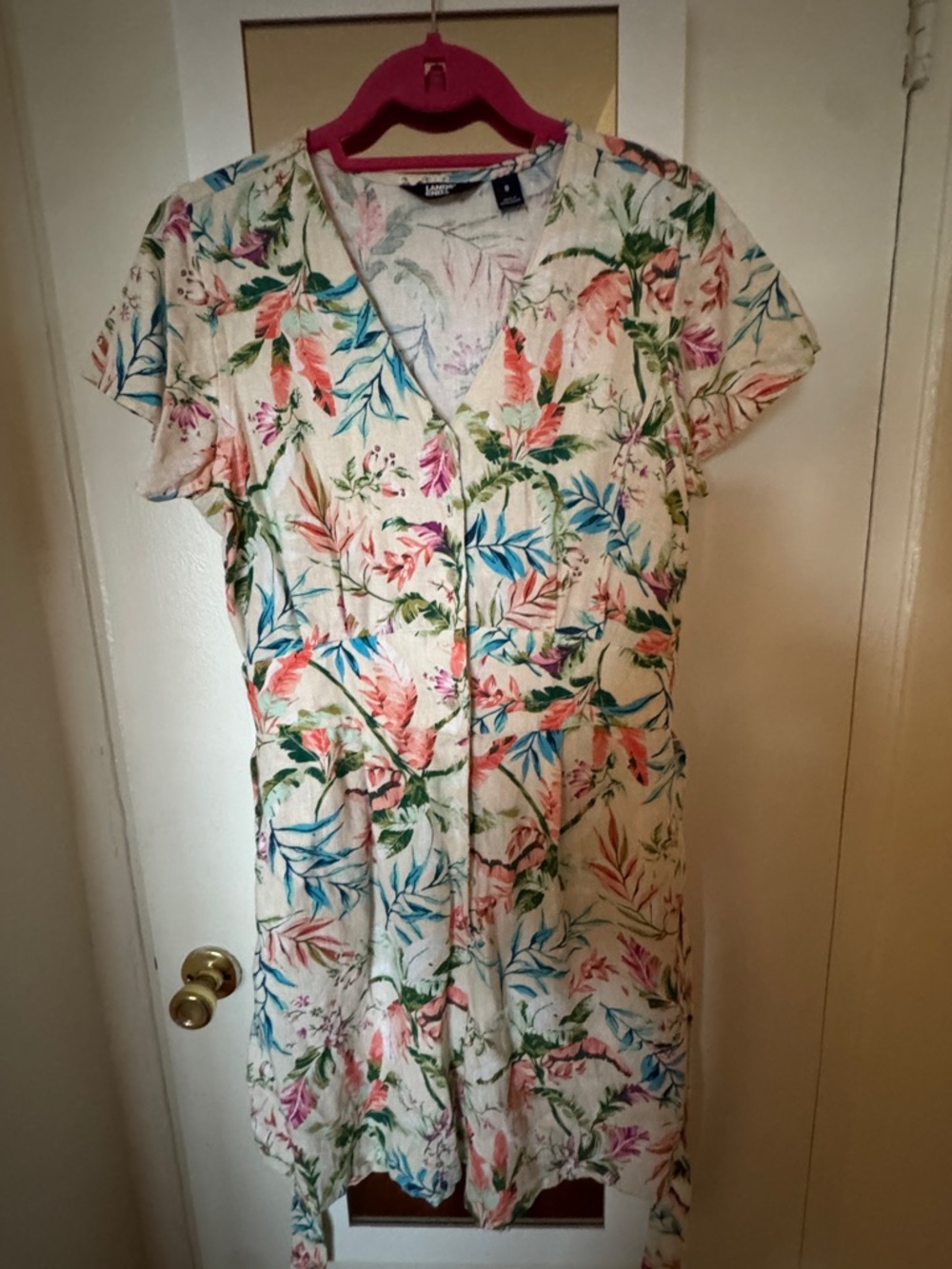 Lands' End flutter sleeve linen romper antique alabaster floral palm size 8